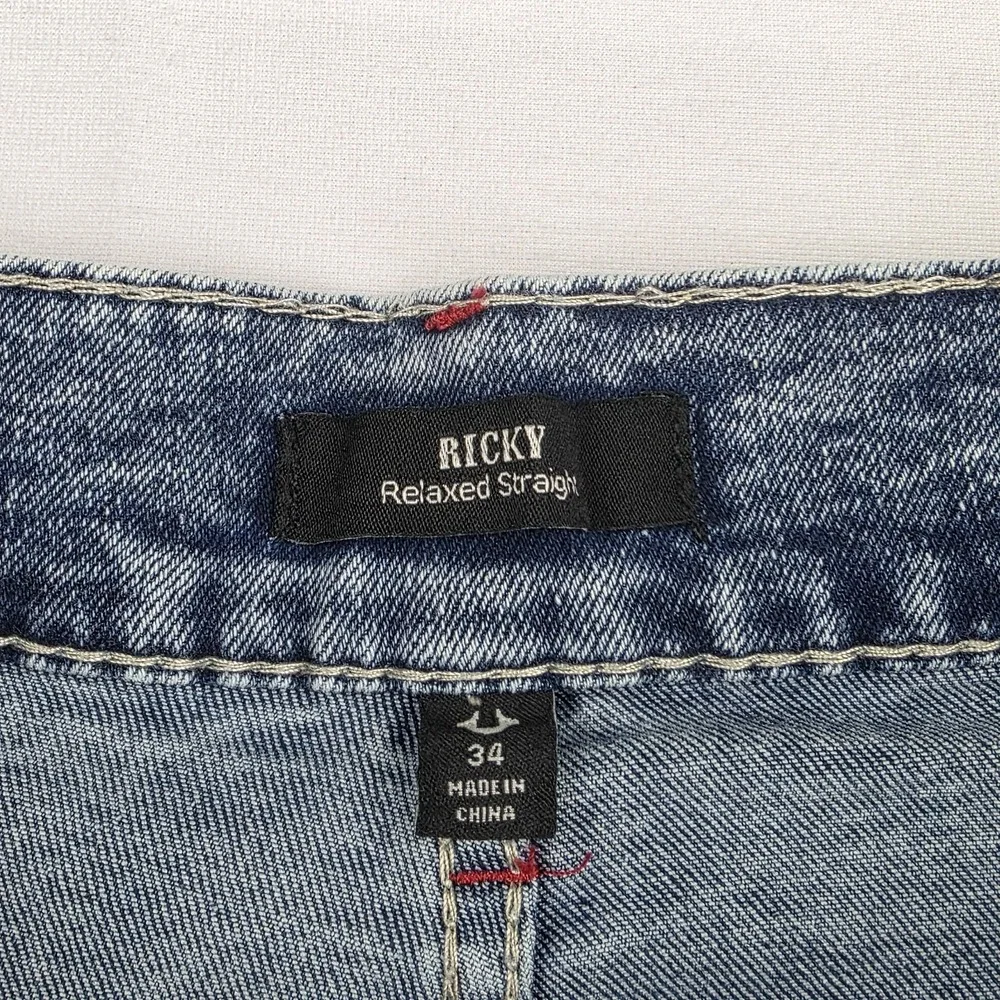 True Religion Jeans Mens 34 Ricky Big T Relaxed Straight Medium Aventurine Blue